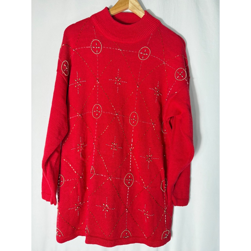 Victoria Jones Woman Red Beaded Mock Neck Sweater Tunic Plus 1X Ramie Cotton